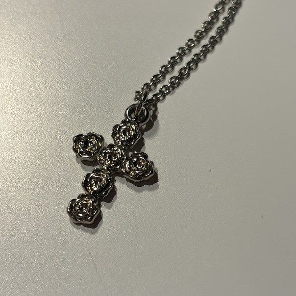 Silver Roses Cross Necklace - Picture 2 of 4